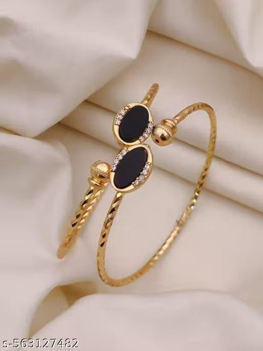 Elegant Gold Open Cuff Bracelet with Black Oval Stone for Women | Adjustable Fashion Bangle