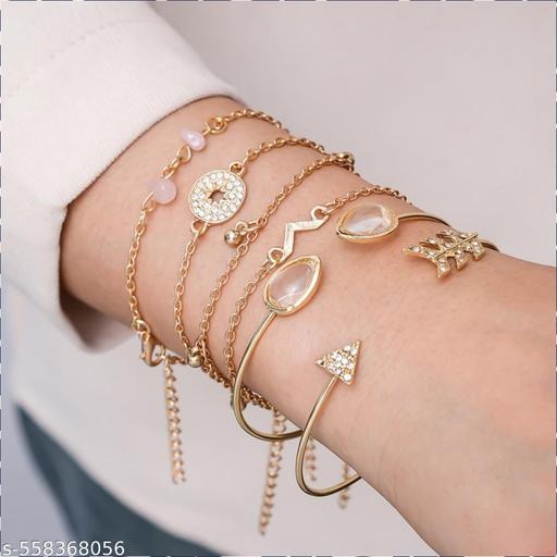 Luxury Gold Multi-Piece Adjustable Bracelet Set for Women | Crystal & Stone Chain Bangles
