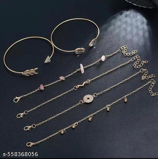 Luxury Gold Multi-Piece Adjustable Bracelet Set for Women | Crystal & Stone Chain Bangles