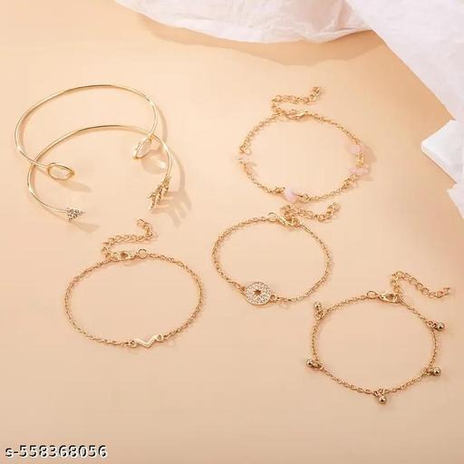 Luxury Gold Multi-Piece Adjustable Bracelet Set for Women | Crystal & Stone Chain Bangles